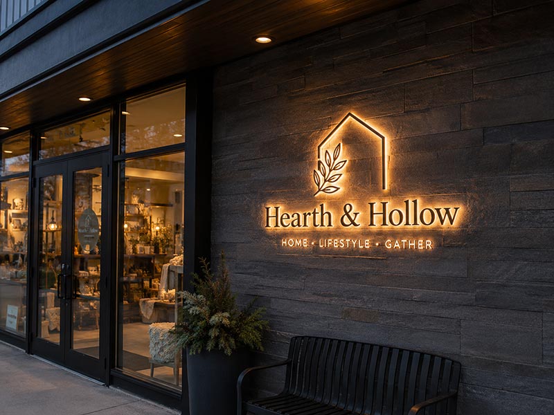 Outdoor LED neon sign installed on a covered storefront wall