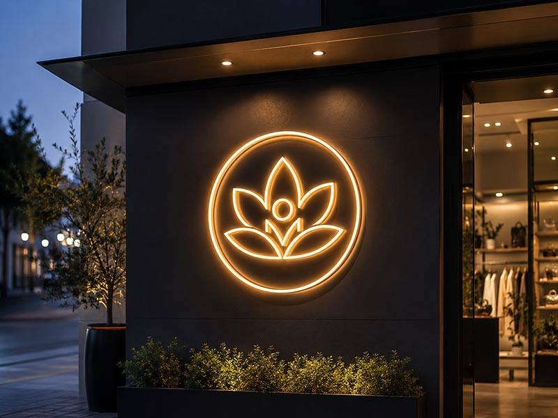 Outdoor custom LED neon logo sign installed on a commercial storefront