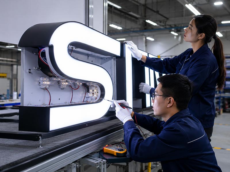 Factory technicians testing an outdoor LED storefront sign with visible LED modules, wiring, and illuminated channel letter structure.