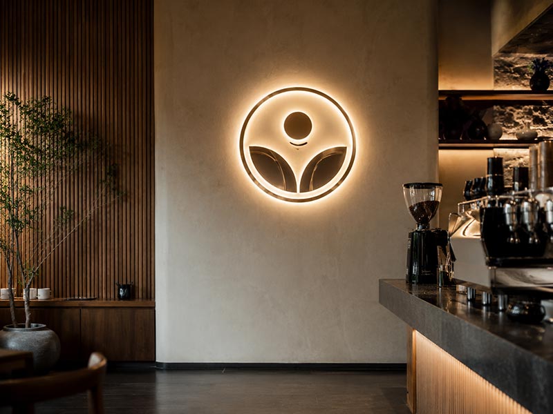 Premium specialty coffee bar halo lit logo sign