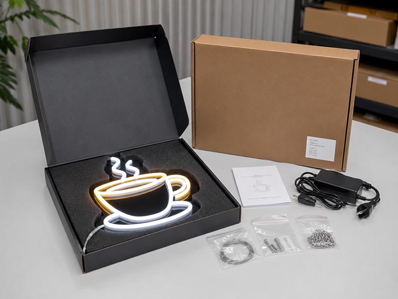 Private label LED neon sign packaging setup with neutral export carton, instruction manual, power supply, and organized accessories for branded delivery.
