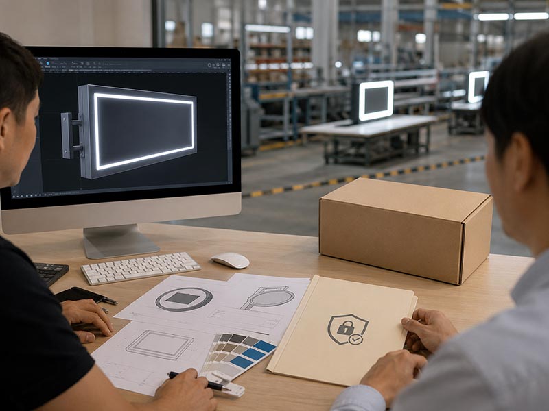 Private label LED sign brand protection workflow with approved design files, 3D mockup review, and neutral packaging for reseller cooperation.
