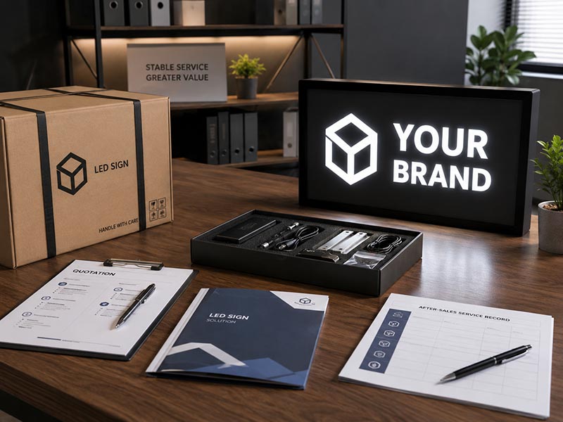 Private label LED sign resale support setup with quotation sheet, secure packaging, accessory kit, after-sales record, and branded LED sign sample.