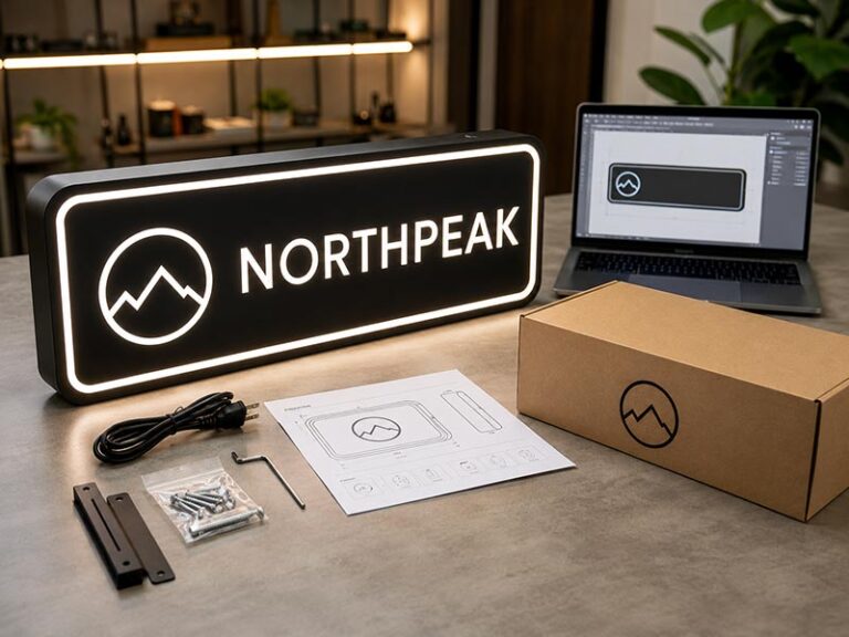 Private label LED sign supplier setup with illuminated custom sign, design mockup, neutral packaging, installation drawing, and organized accessories for branded delivery.
