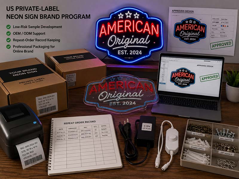 Private label custom neon sign project for a US neon sign brand with sample testing and packaging records