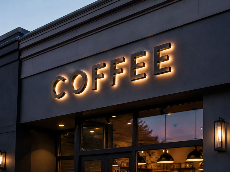 Raceway mounted channel letters for coffee shop storefront