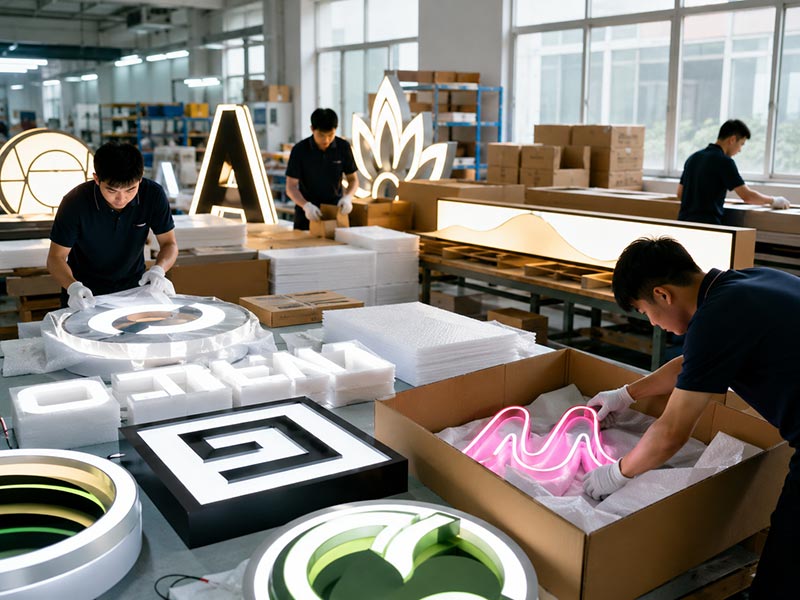 Reliable LED sign manufacturer preparing tested custom LED signs for export shipment