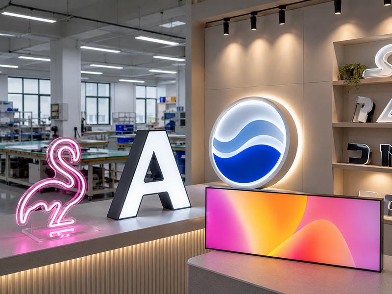 Reliable LED sign manufacturer showroom with custom LED neon signs, channel letters, acrylic logo signs, and light boxes