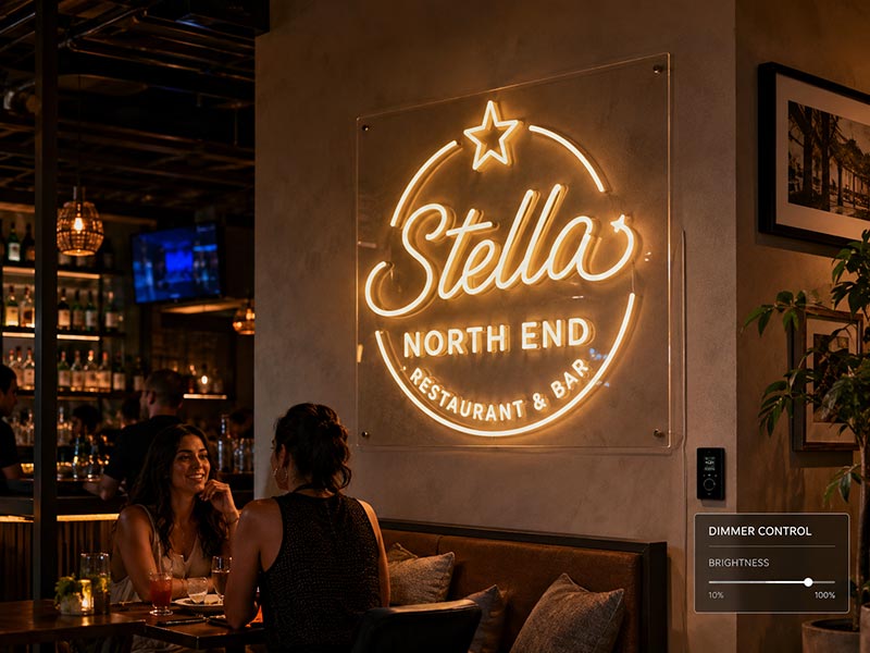 Custom LED neon logo wall sign for a North American restaurant and bar project