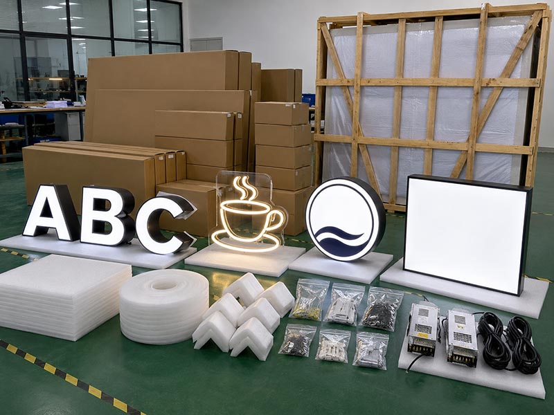 Export packaging for restaurant LED signs with foam cartons accessories and wooden frame