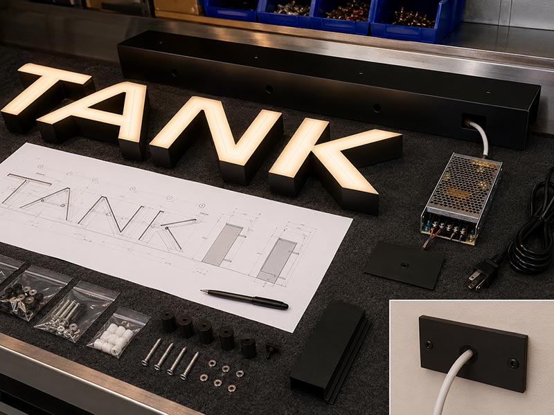 Restaurant LED sign mounting wiring and installation kit