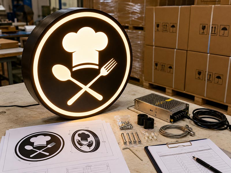Restaurant LED sign project questions with logo files samples and accessories
