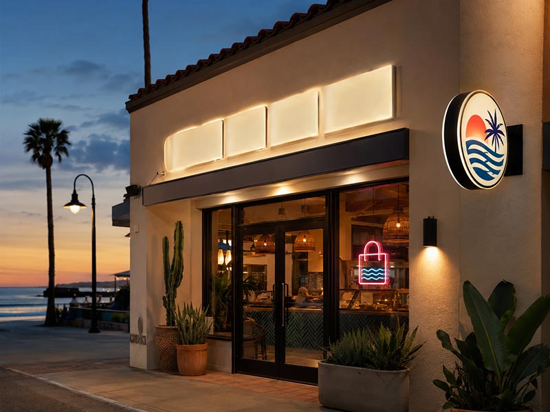 Coastal restaurant LED sign system with storefront letters blade sign and pickup sign