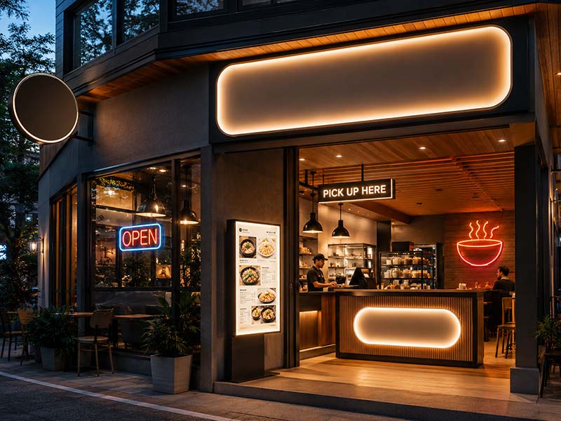 Restaurant LED sign locations for storefront counter wall bar and pickup area