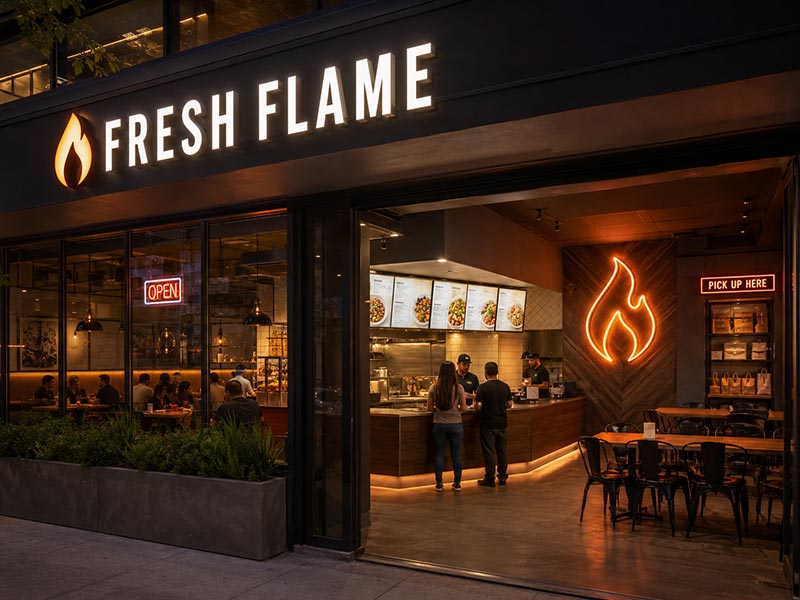 Restaurant LED sign system for storefront, counter, wall and pickup area