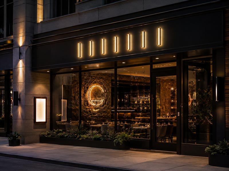 Custom restaurant LED signs with storefront channel letters and indoor neon logo wall