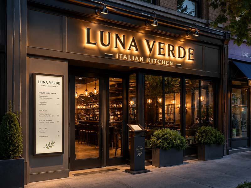 Restaurant storefront with custom front-lit channel letters