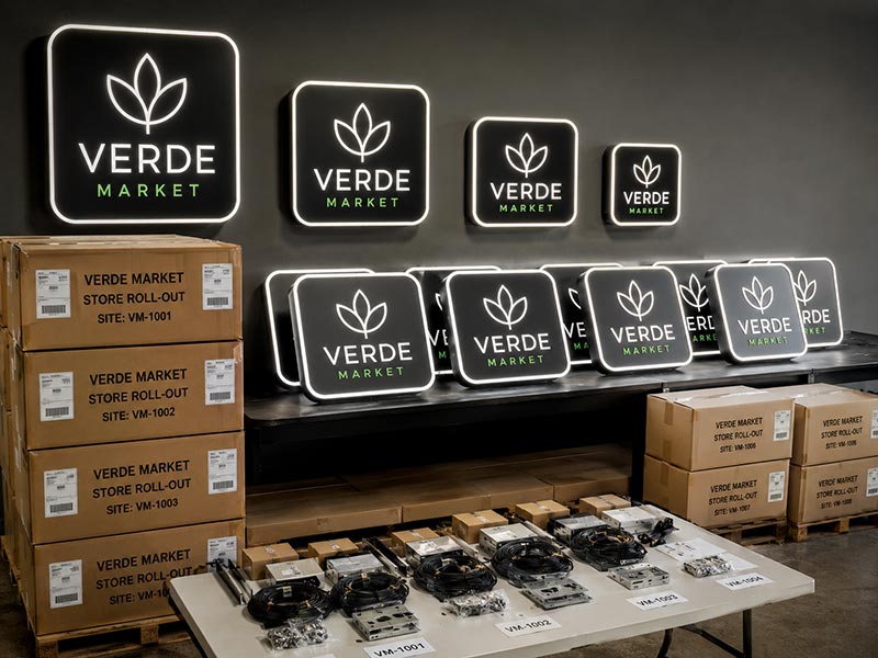 Custom LED neon logo signs prepared for retail chain store rollout