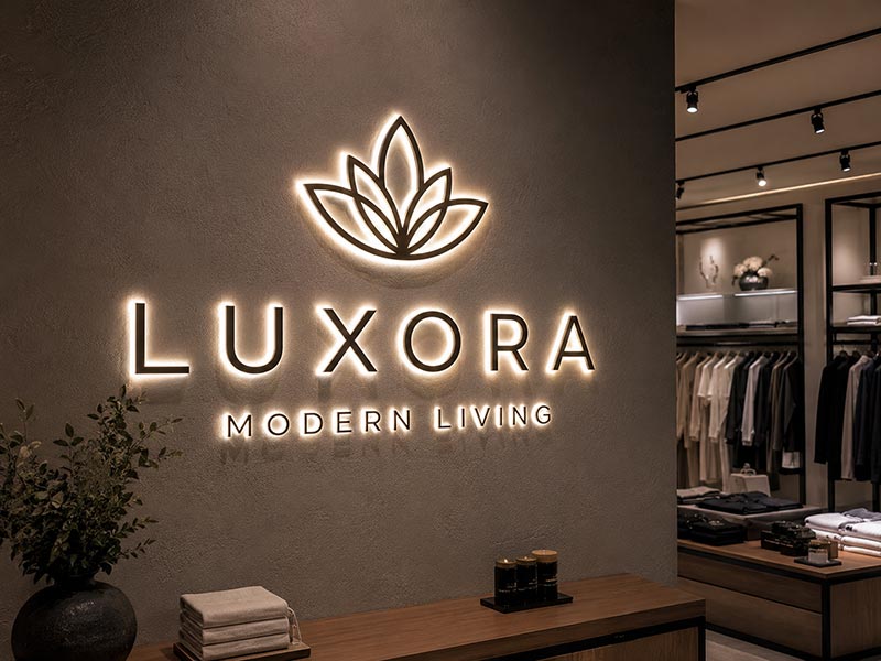 Custom LED neon brand sign for a retail store feature wall