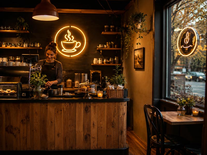 Small independent cafe LED neon logo sign and open sign