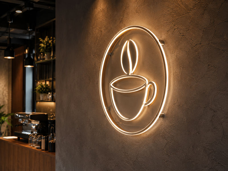 Standoff mounted acrylic LED logo sign for cafe wall