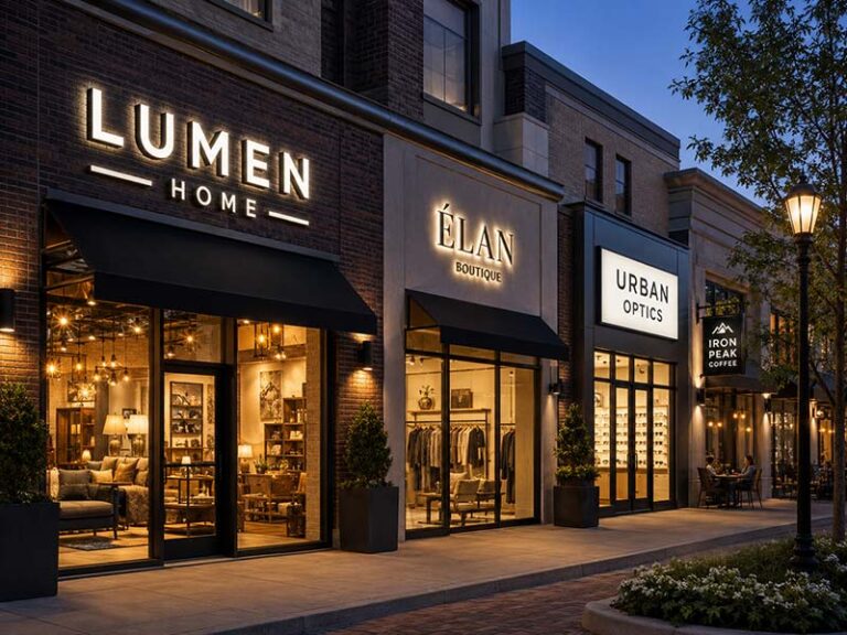 Featured image showing a modern commercial street with different storefront LED signs, including channel letters, halo-lit letters, and illuminated light box signage.