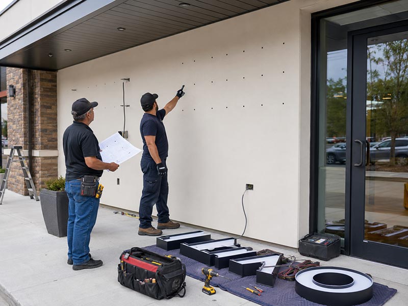 Local installers preparing a storefront LED sign installation with wall mounting points, sign parts, wiring, and installation drawings.