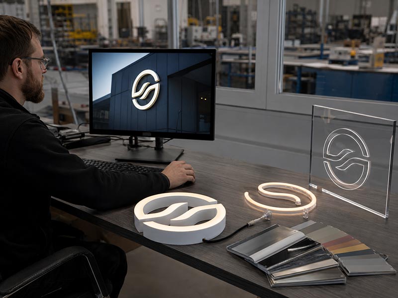 Designer reviewing a storefront logo with LED channel letter, LED neon tube, acrylic sign, and material samples on a workbench.