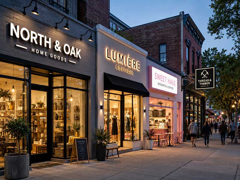 Different storefront LED sign types on a commercial street, including channel letters, halo-lit letters, light box signs, and blade signs.