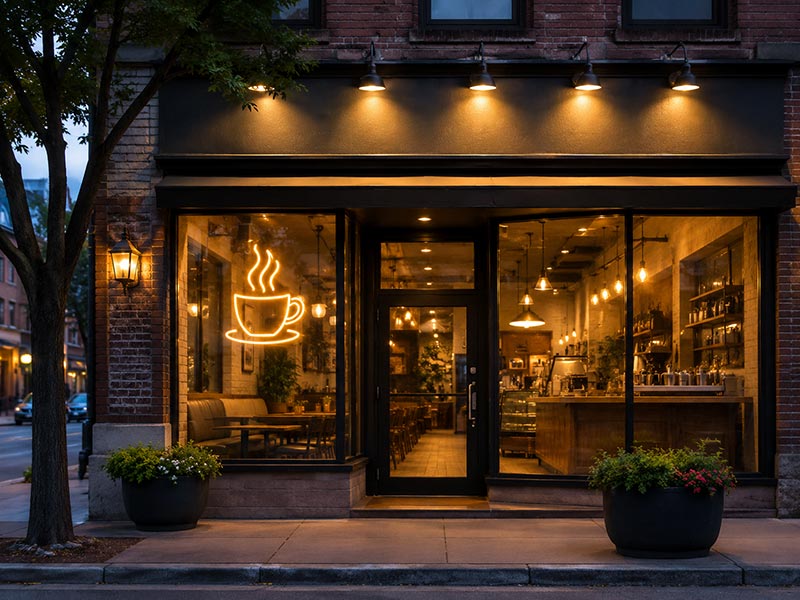 Street facing coffee shop storefront channel letters