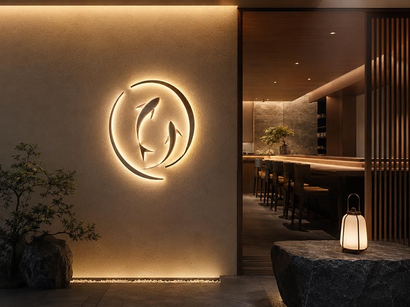 Halo-lit logo sign for premium sushi restaurant entrance