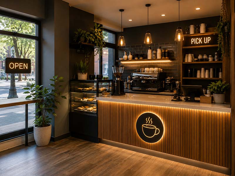 Takeaway coffee bar pickup and open signs