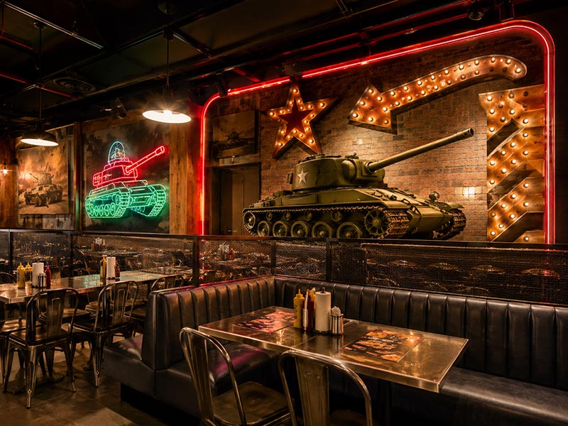 Themed restaurant LED neon sign and marquee letter atmosphere