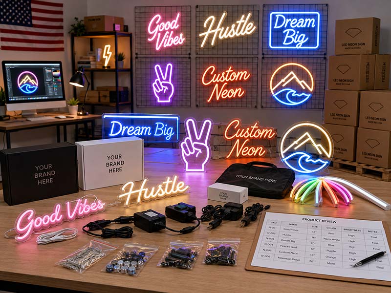 Custom LED neon sign samples and private label packaging for a U.S. online neon brand