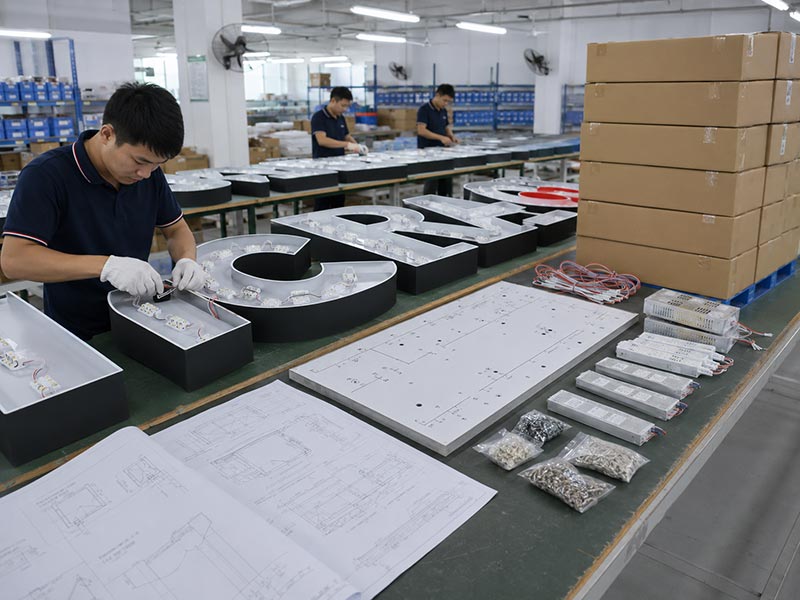 Custom LED channel letter production for a US local sign company with drawings, accessories, and export packing