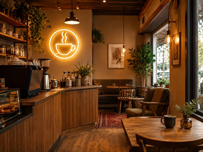 Warm neighborhood cafe LED sign style