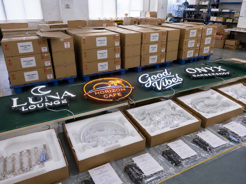 Wholesale custom LED neon signs prepared with SKU labels and accessory bags