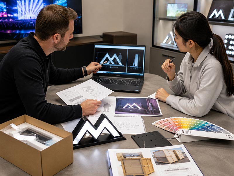 Event LED sign project discussion with logo files, size, installation, deadline, and packaging requirements