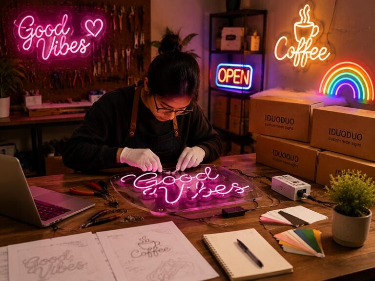 A cozy neon-lit workshop with a person assembling a LED neon sign on a workbench, surrounded by tools, sketches, and glowing signs.