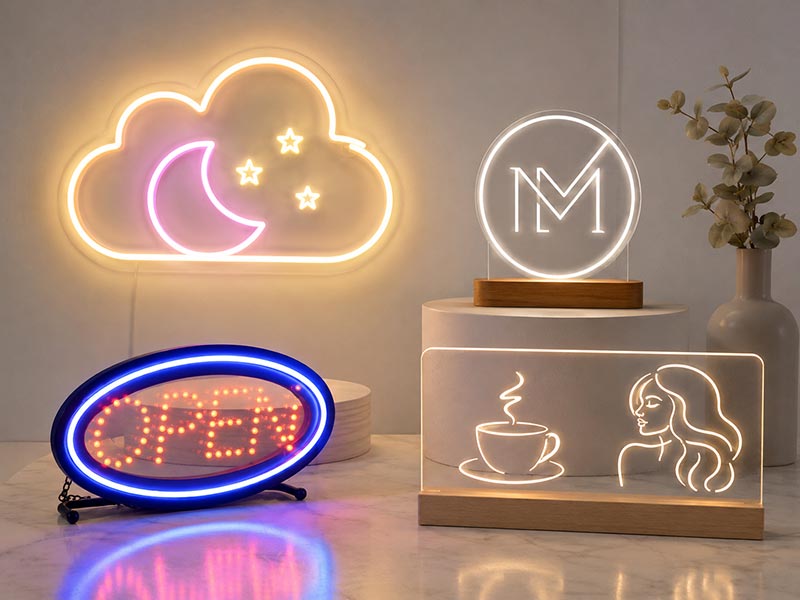 A well-lit e-commerce scene showing LED neon sign samples with accessories and instruction card, ready for photography and listing.