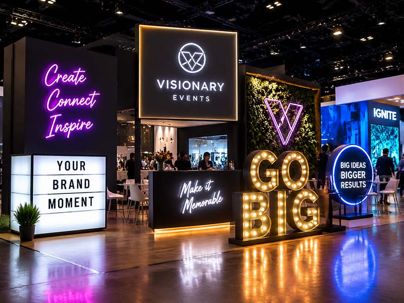 Custom LED signs for event companies including neon signs, light boxes, and event logo signage