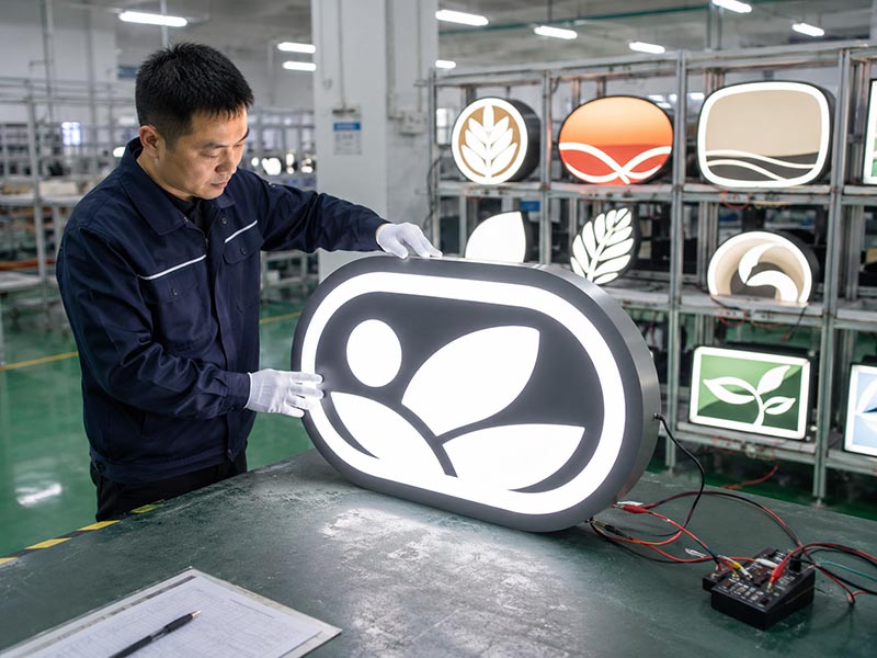 Factory worker checking illuminated retail LED signs during quality control and aging test before shipment