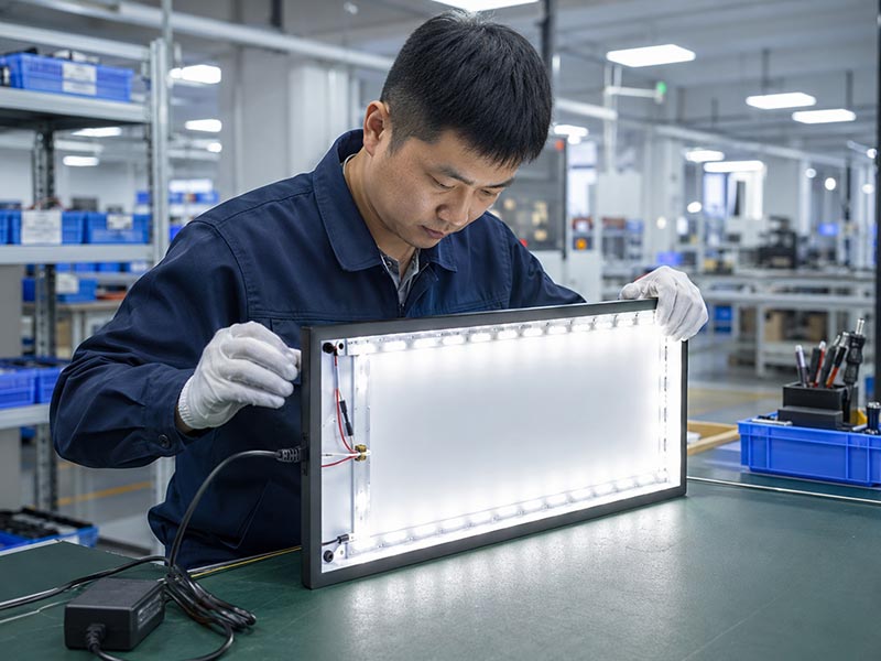 Quality check of LED lightbox sign with staff inspecting LED modules, wiring, adapters, and accessories before shipment.
