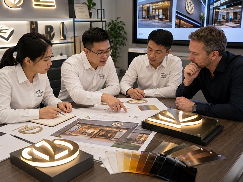 LED sign supplier team reviewing retail store logo drawings, material samples, and custom sign design details with a client