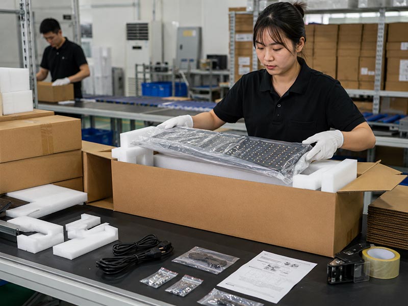 LED sign production workshop showing multiple signs being assembled and prepared for packing with accessories.