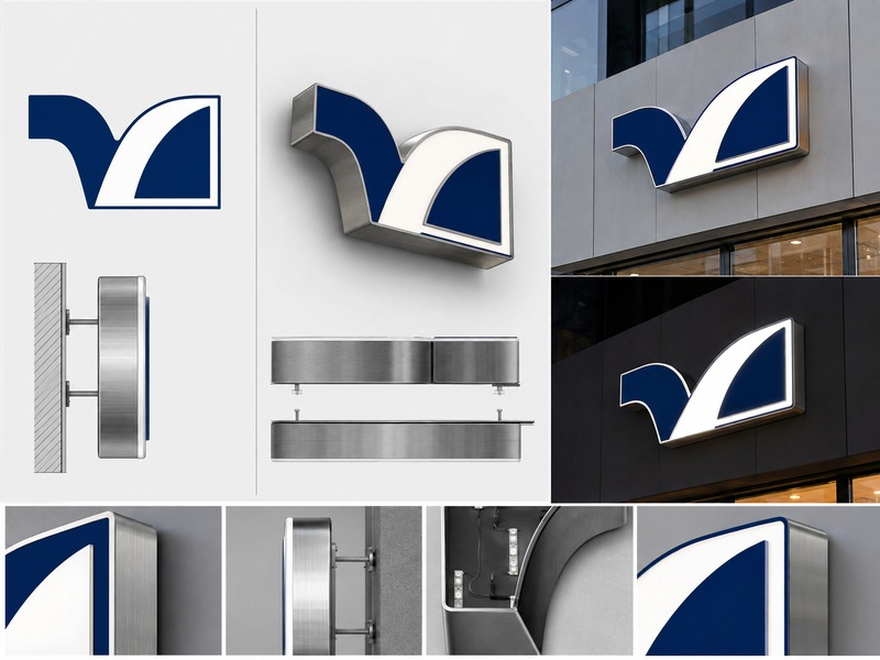 Custom channel-letter sign shown as 2D artwork, 3D model, and storefront installation