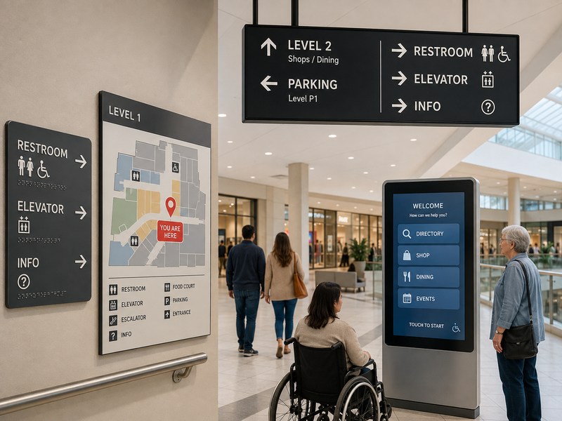 Accessible shopping mall wayfinding with directional signs, braille room signs, floor map and accessible directory kiosk