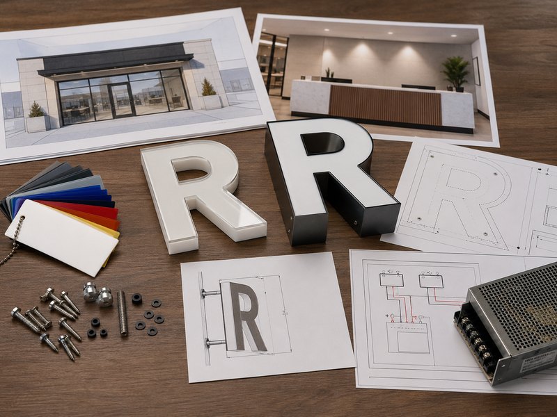 Acrylic channel letter samples and project drawings for indoor and outdoor sign selection