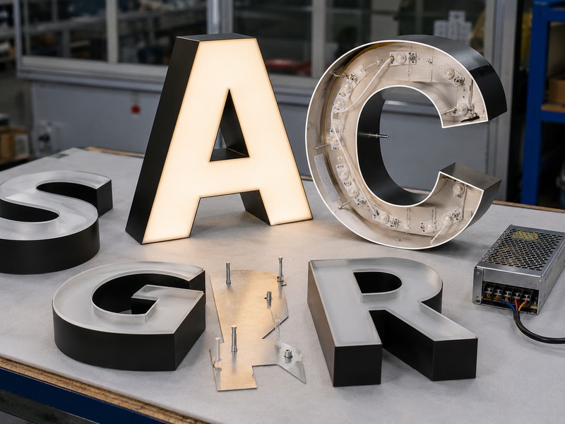 Acrylic channel letter structure with acrylic face metal return LEDs and wiring
