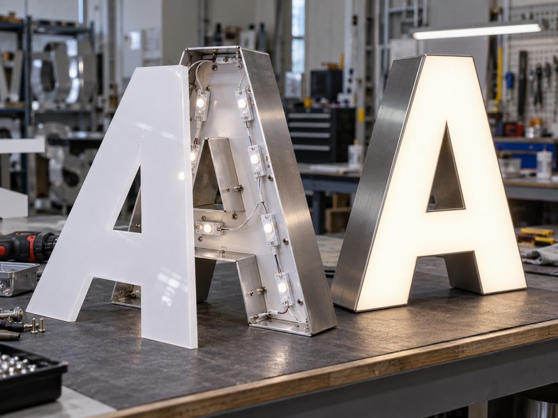 Translucent acrylic face and internal structure of a front-lit channel letter